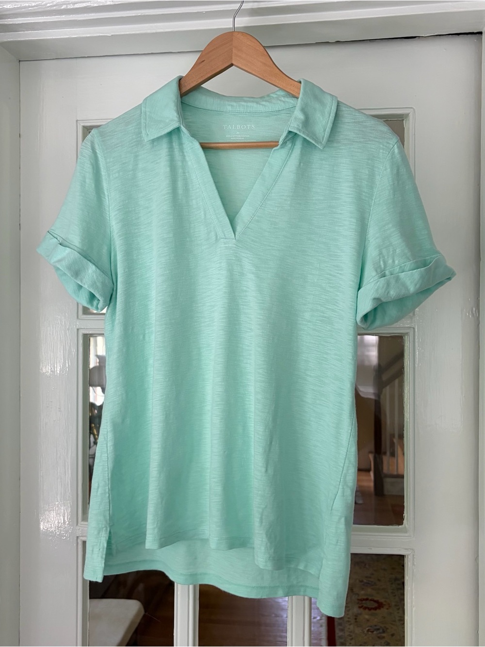 Talbots Mint Green V-Neck Polo Tee Johnny Collar